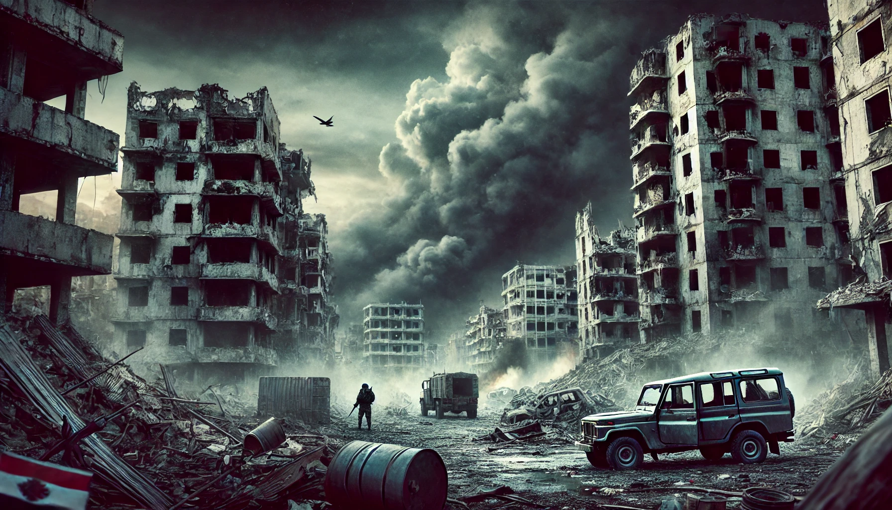 "A devastated cityscape with crumbling buildings, smoke-filled sky, and a lone figure standing amid the destruction."