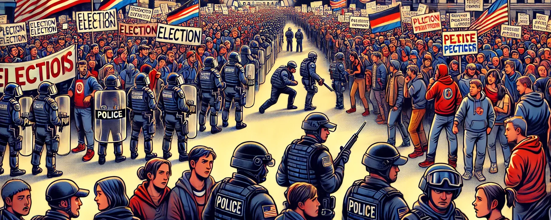 Illustration of election tensions with divided crowds, protesters holding signs, and a line of security personnel in front of a government building, under an overcast sky, creating a tense atmosphere.