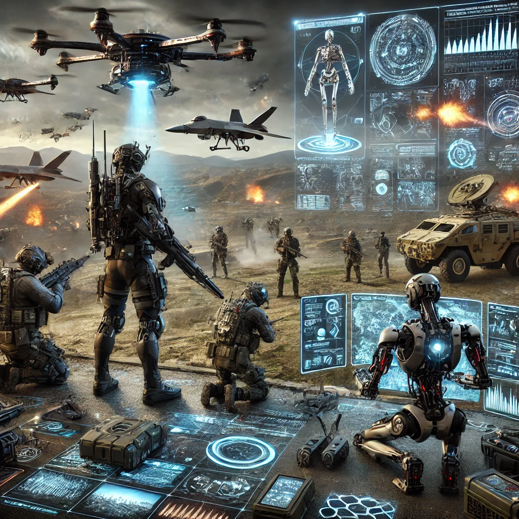 "Futuristic battlefield with drones, robots, and high-tech weaponry in an advanced war setting"