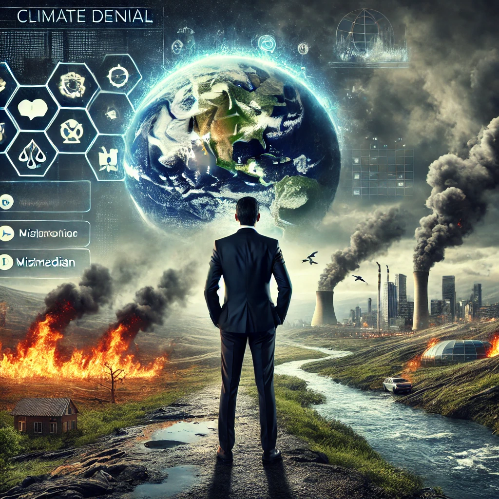 A politician standing with their back to a burning, flooded landscape, symbolizing climate denial, while social media icons in the background represent misinformation.