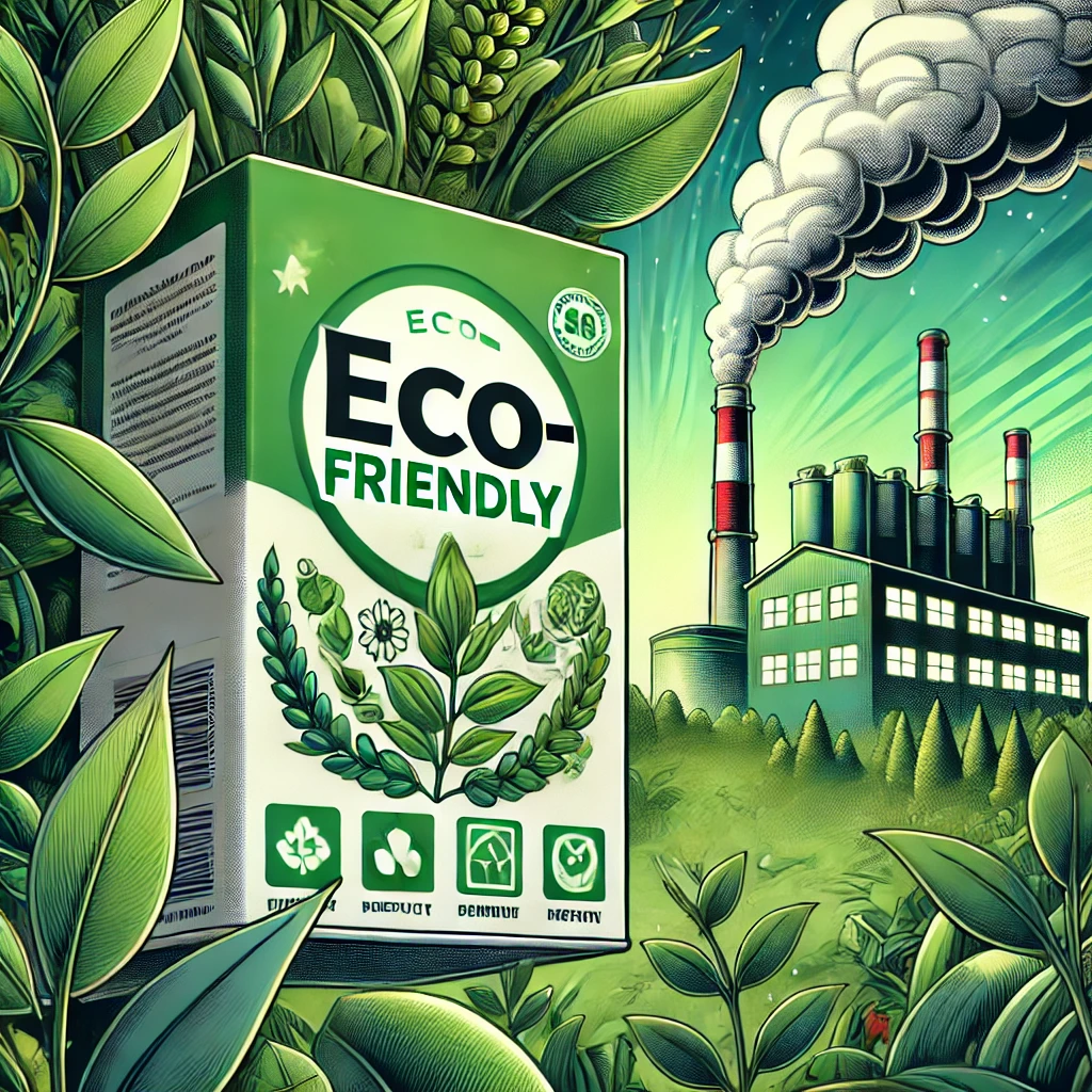 An illustration of a product labeled as “eco-friendly” with green packaging and nature symbols, set against a hidden factory emitting pollution in the background, representing the misleading practice of greenwashing.