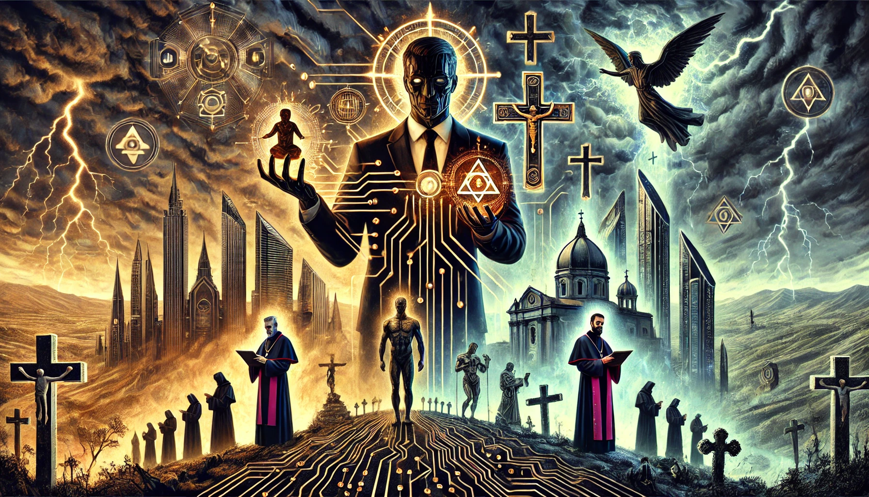 An abstract dystopian scene depicting the intersection of power, technology, and religion, with corporate and religious figures symbolizing manipulation and chaos.