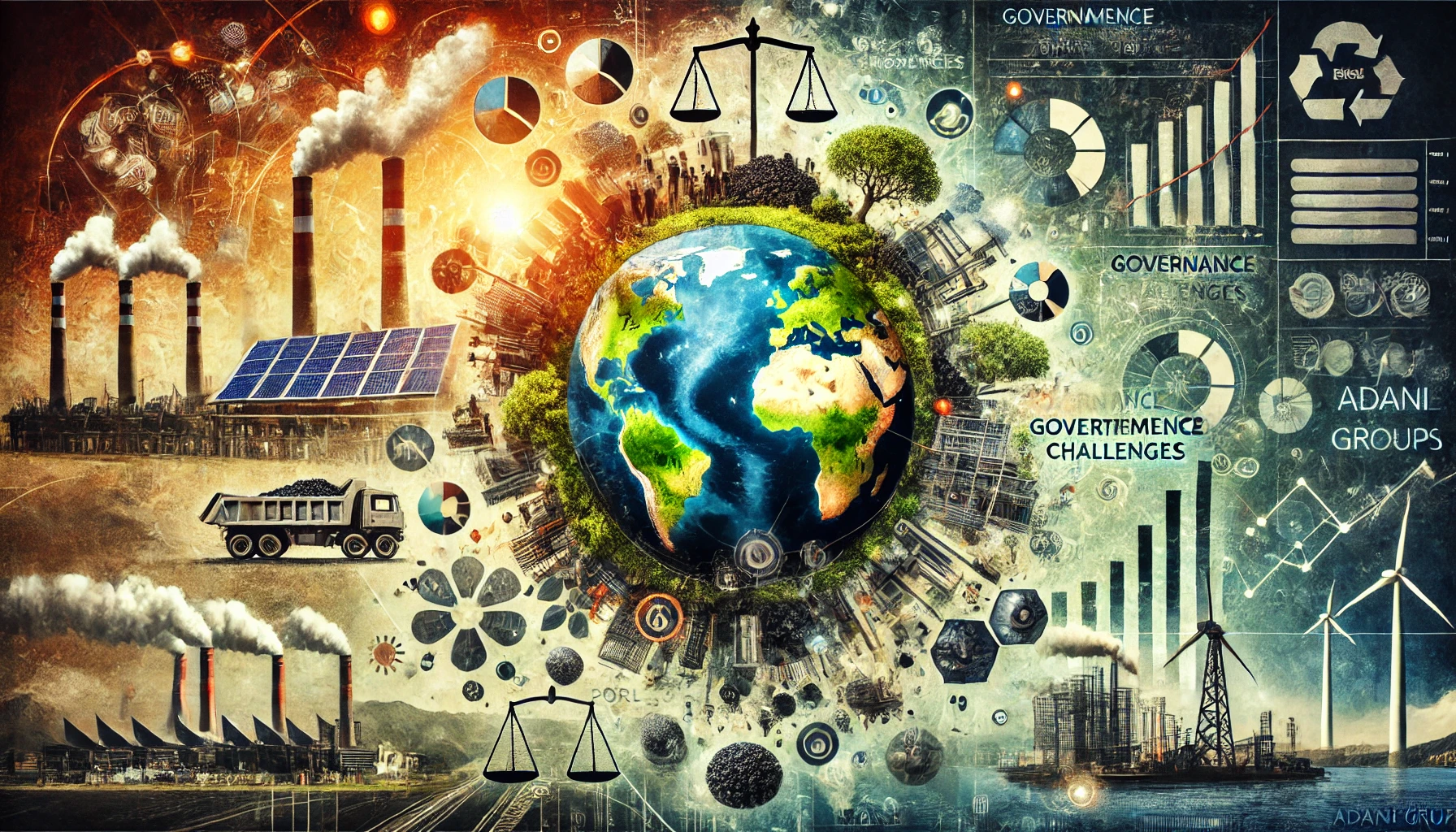 An abstract image depicting global controversies involving a multinational corporation. Features a globe surrounded by symbols like coal mines, solar panels, ports, and infrastructure projects, alongside protest signs, scales of justice, and financial charts, highlighting environmental, governance, and financial challenges.