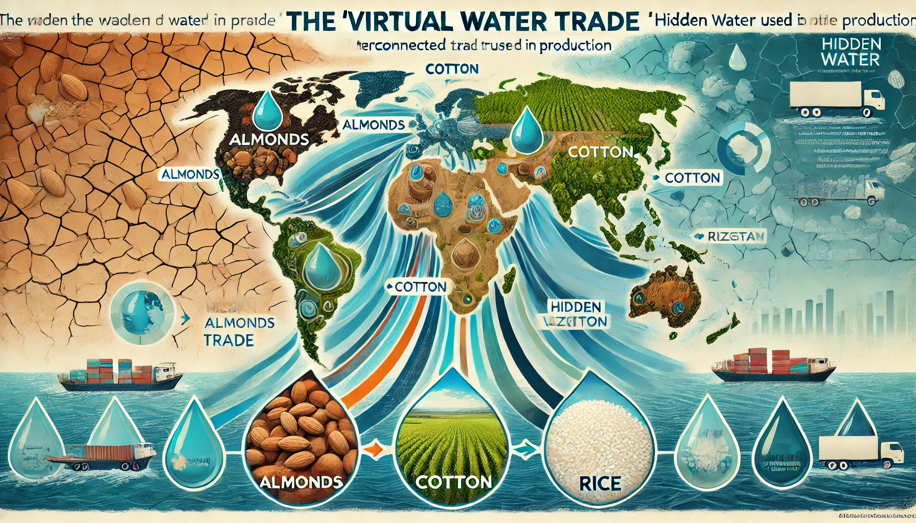 A conceptual illustration of the virtual water trade, featuring a world map with arrows representing trade flows of goods like almonds, cotton, and rice. Visuals of water droplets accompany the arrows, symbolizing the hidden water used in production. Regions like California and Uzbekistan are highlighted, with a background transitioning between cracked earth and lush fields, illustrating water scarcity contrasts.