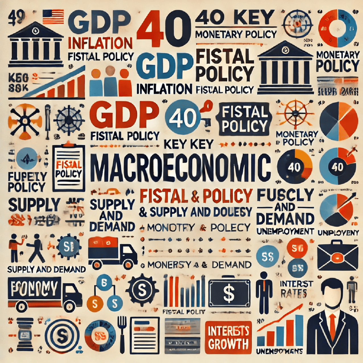 "Infographic featuring 40 key macroeconomic terms like GDP, inflation, fiscal policy, monetary policy, and economic growth."