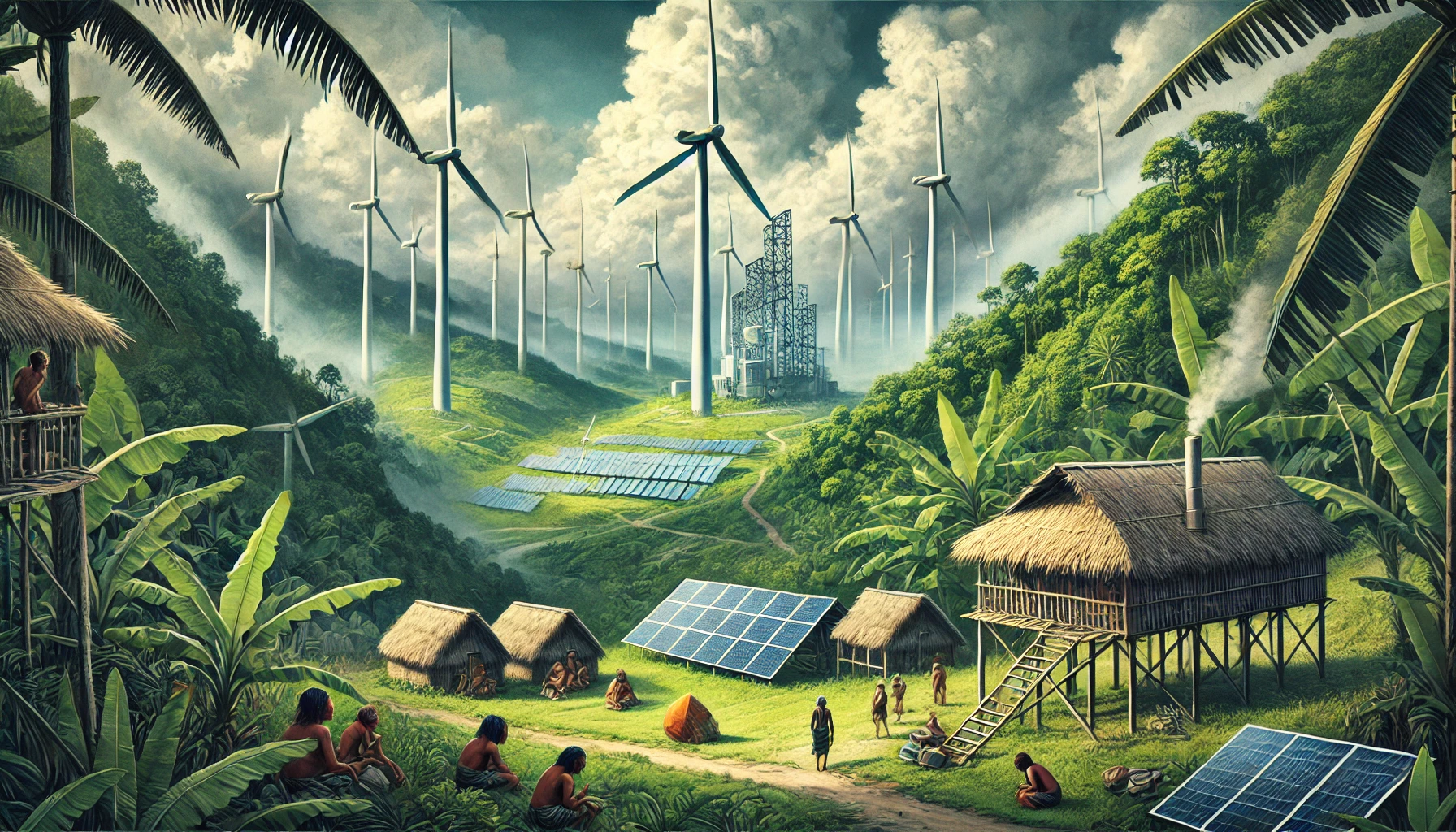 "An artistic depiction of green colonialism, showing lush landscapes with wind turbines and solar farms alongside displaced indigenous communities living in poverty."