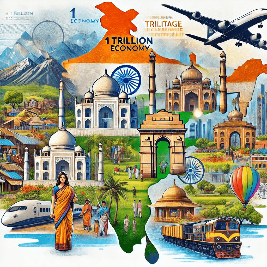 An artistic illustration of India’s tourism industry, featuring iconic landmarks like the Taj Mahal and India Gate, with elements representing cultural heritage, rural tourism, urban development, and global connectivity, symbolizing the vision for a $1 trillion economy by 2047.