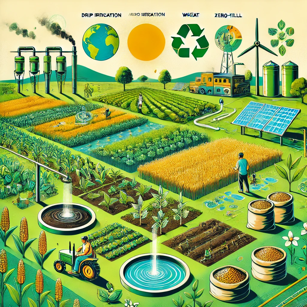 An illustration of sustainable agriculture practices in India, showing diverse crops, advanced irrigation techniques, and eco-friendly methods like vermicomposting and neem-coated urea.