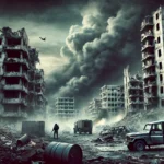 "A devastated cityscape with crumbling buildings, smoke-filled sky, and a lone figure standing amid the destruction."