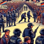 Illustration of election tensions with divided crowds, protesters holding signs, and a line of security personnel in front of a government building, under an overcast sky, creating a tense atmosphere.
