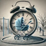 A clock with sand trickling down, symbolizing the passage of time and declining birth rates.