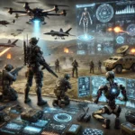 "Futuristic battlefield with drones, robots, and high-tech weaponry in an advanced war setting"