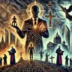 An abstract dystopian scene depicting the intersection of power, technology, and religion, with corporate and religious figures symbolizing manipulation and chaos.