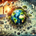 An abstract image depicting global controversies involving a multinational corporation. Features a globe surrounded by symbols like coal mines, solar panels, ports, and infrastructure projects, alongside protest signs, scales of justice, and financial charts, highlighting environmental, governance, and financial challenges.