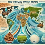 A conceptual illustration of the virtual water trade, featuring a world map with arrows representing trade flows of goods like almonds, cotton, and rice. Visuals of water droplets accompany the arrows, symbolizing the hidden water used in production. Regions like California and Uzbekistan are highlighted, with a background transitioning between cracked earth and lush fields, illustrating water scarcity contrasts.