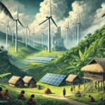 "An artistic depiction of green colonialism, showing lush landscapes with wind turbines and solar farms alongside displaced indigenous communities living in poverty."