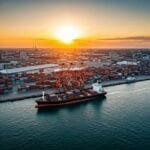 Aerial view of a busy port with cargo ships, cranes, and warehouses.