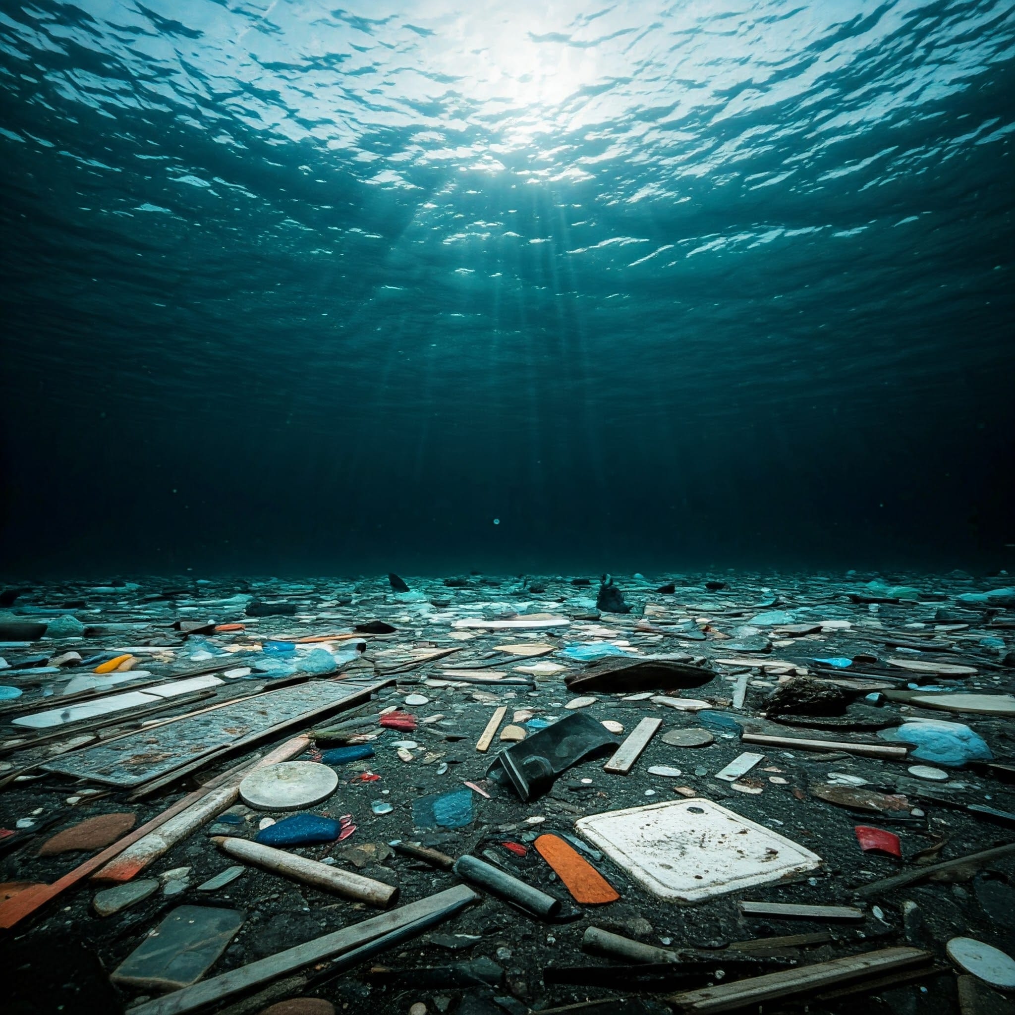 A polluted ocean with plastic debris and trash floating on the surface.