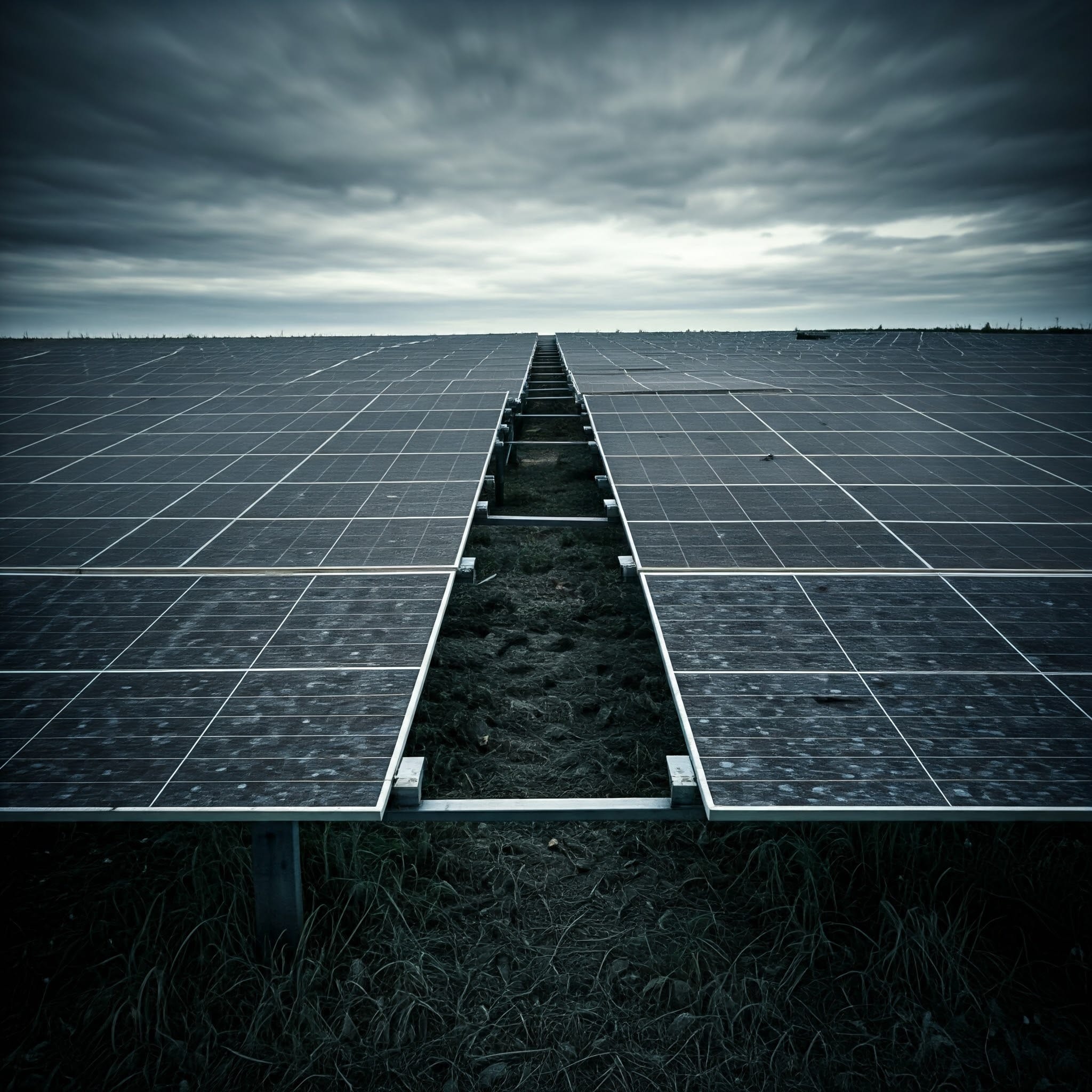 A weathered solar panel farm abandoned in a desolate landscape.