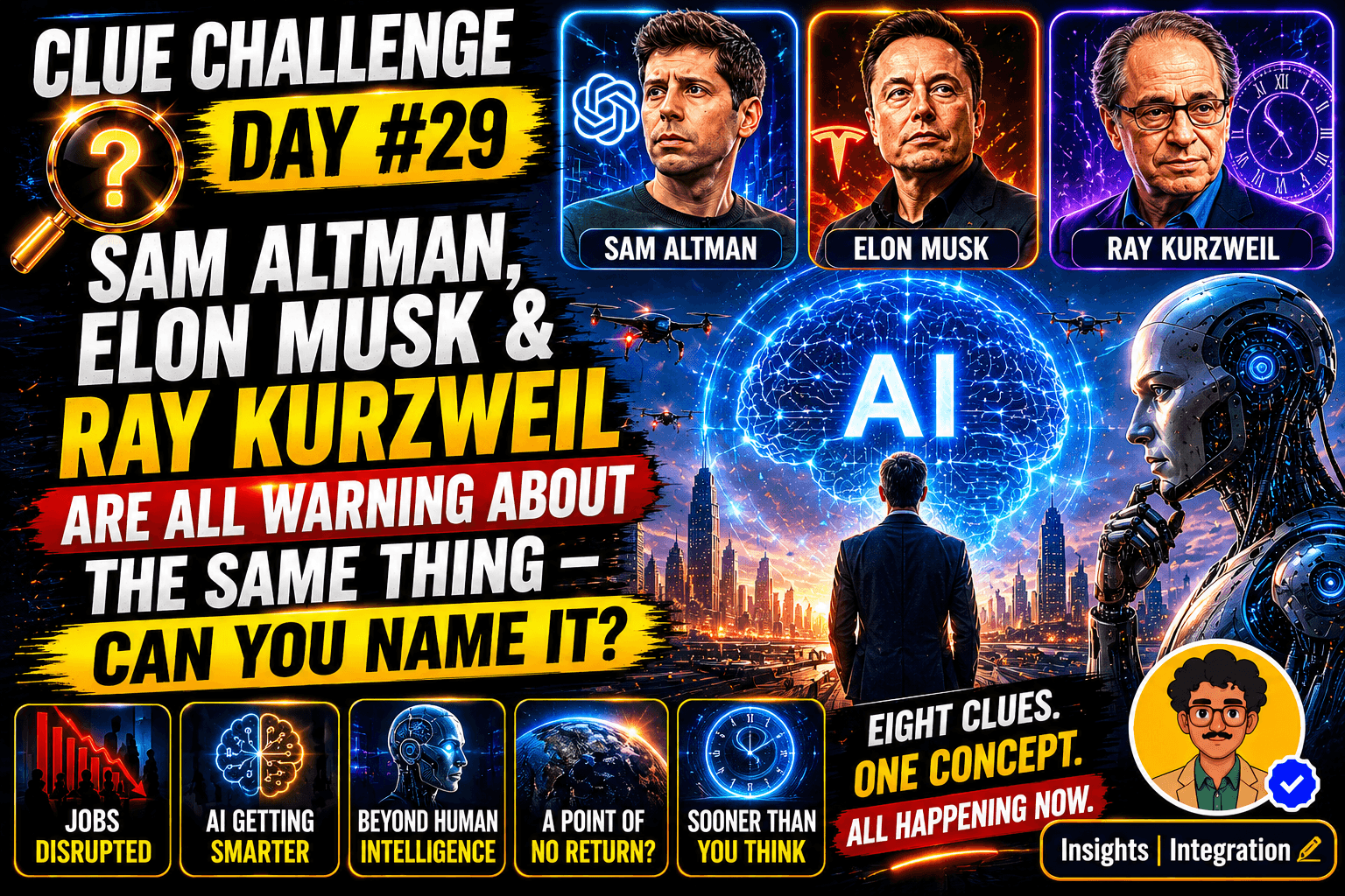 Clue Challenge Day #29: Sam Altman, Elon Musk & Ray Kurzweil Are All Warning About the Same Thing — Can You Name It?