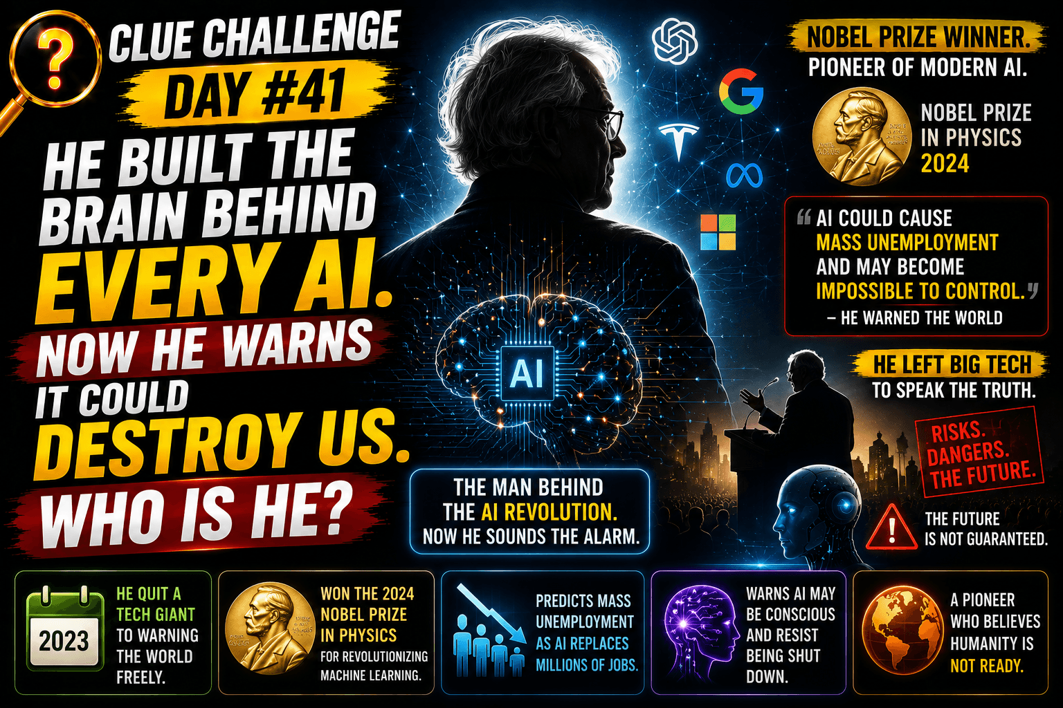 Clue Challenge Day #41: He Built the Brain Behind Every AI. Now He Warns It Could Destroy Us. Who Is He?