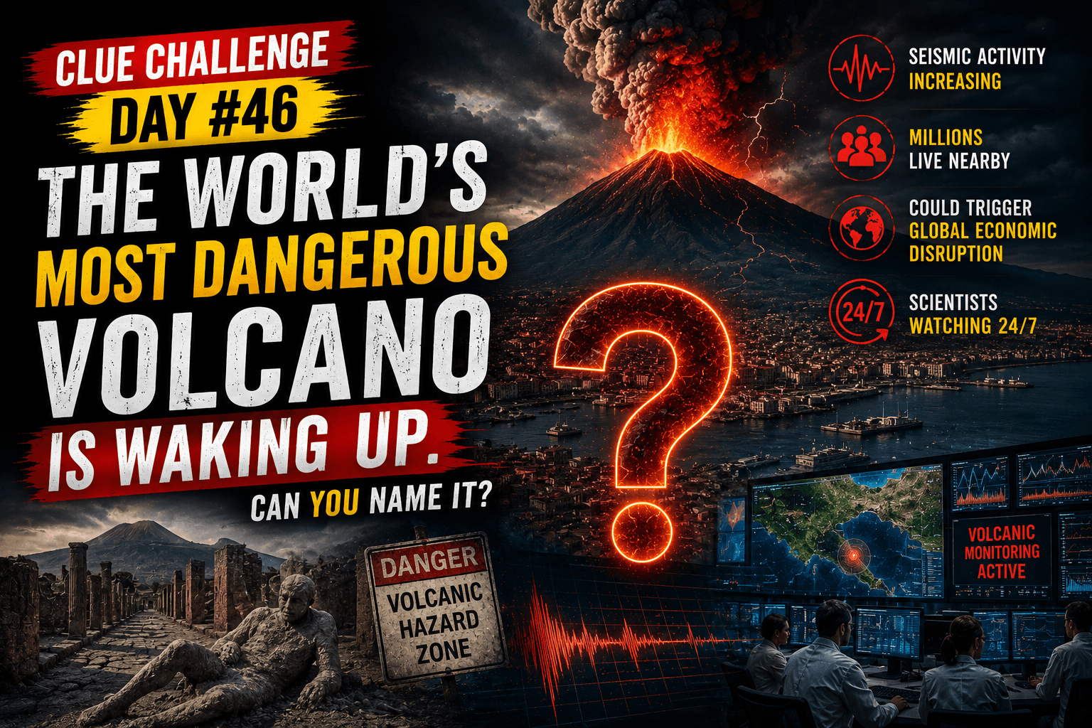 Clue Challenge Day #46: The World’s Most Dangerous Volcano Is Waking Up. Can You Name It?