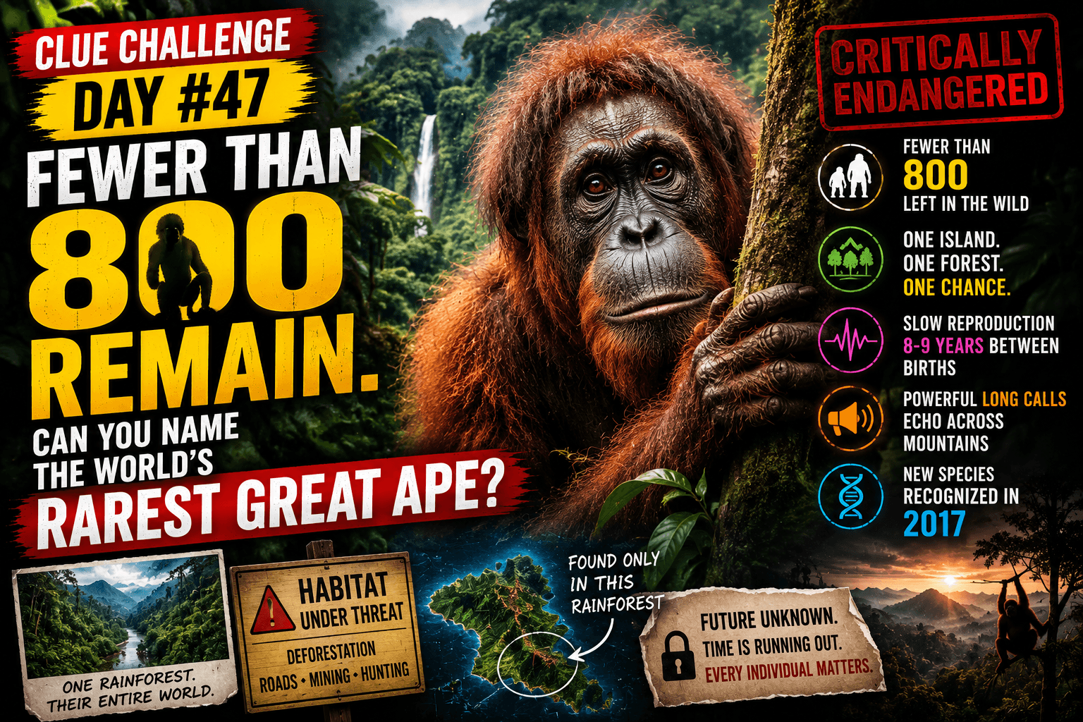 Clue Challenge Day #47: Fewer Than 800 Remain. Can You Name the World’s Rarest Great Ape?