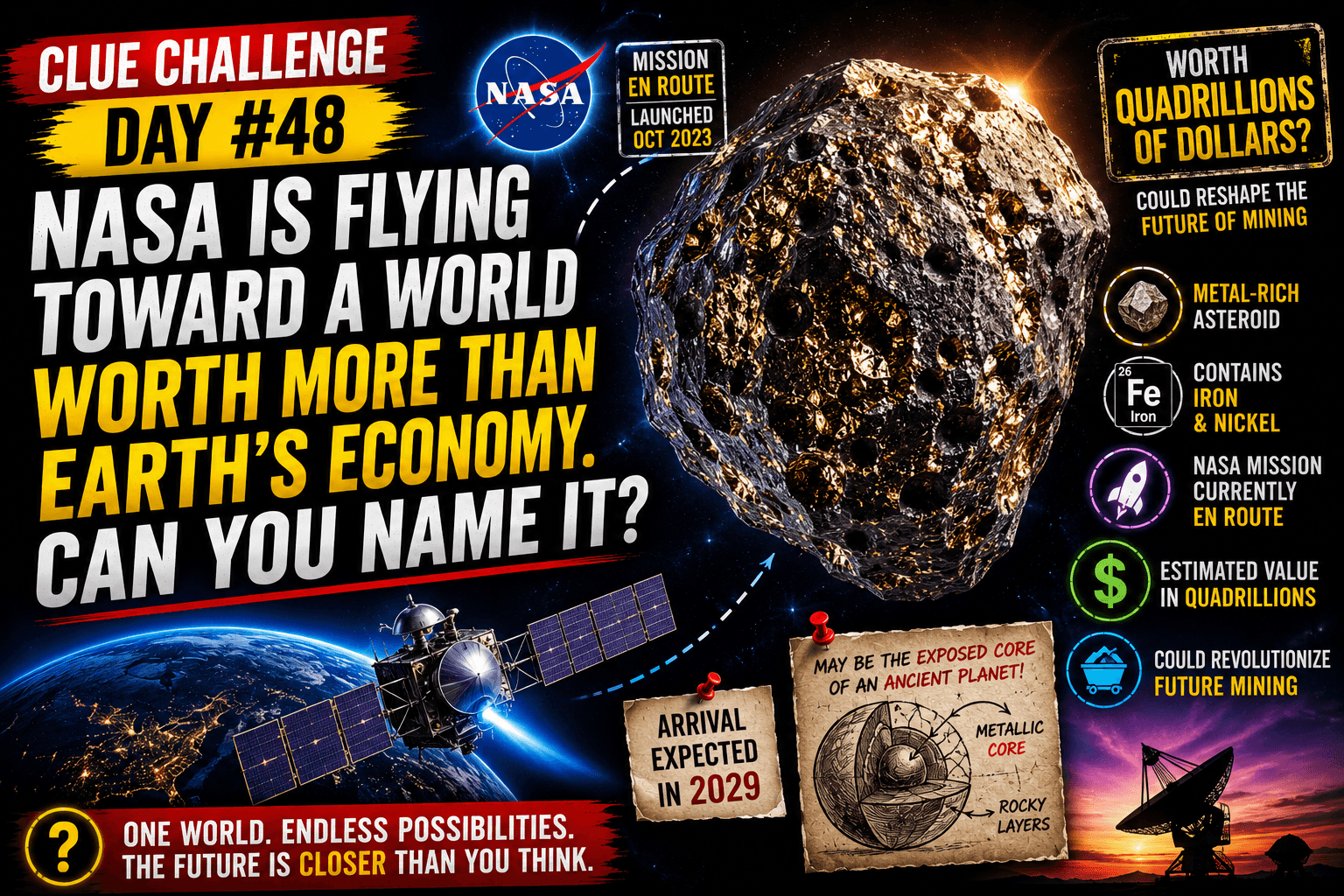 Clue Challenge Day #48: NASA Is Flying Toward a World Worth More Than Earth's Economy. Can You Name It?