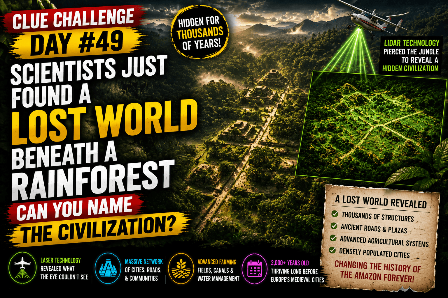 Clue Challenge Day #49: Scientists Just Found a Lost World Beneath the Amazon. Can You Name the Civilization?