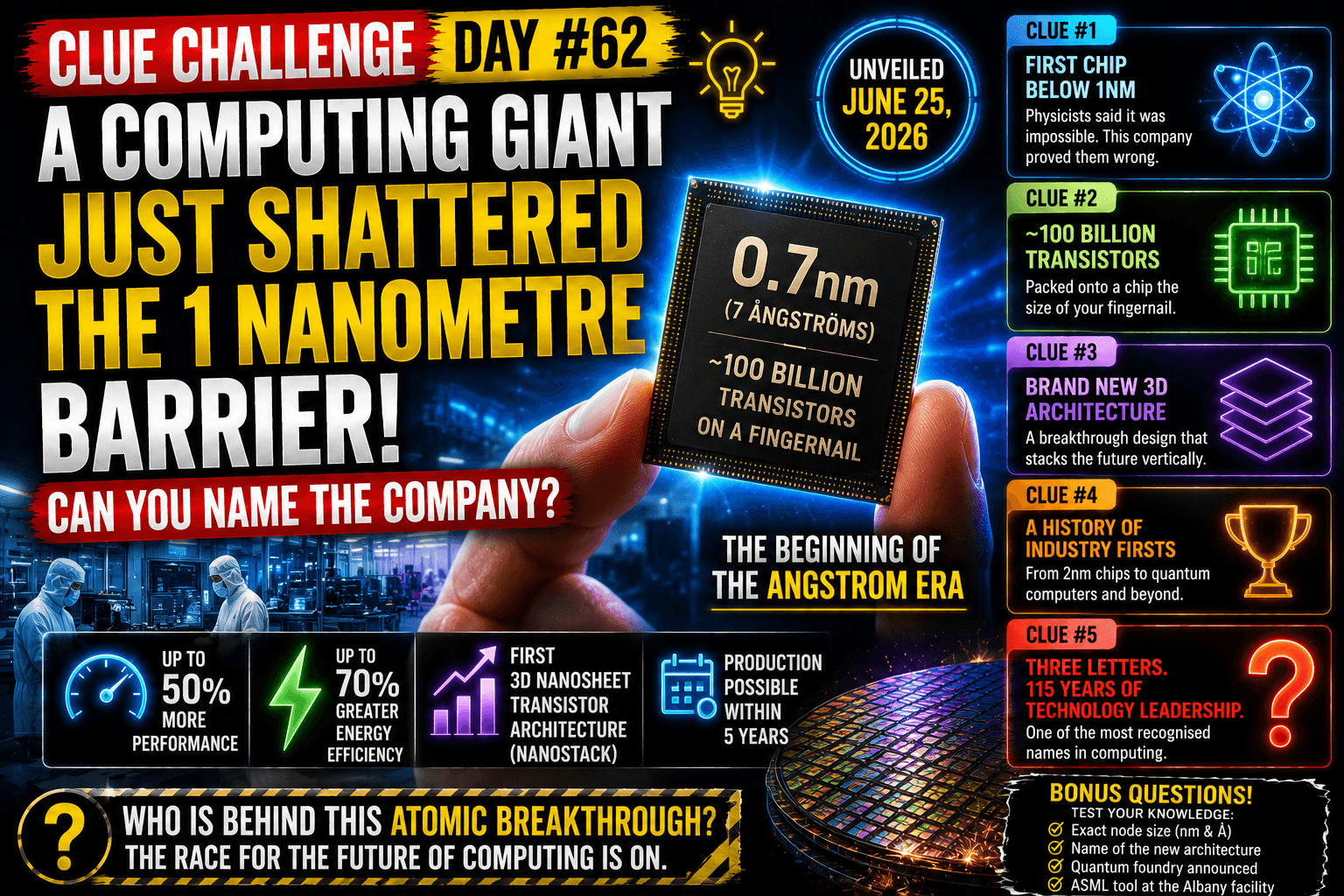 Clue Challenge Day #62: A Computing Giant Just Shattered the 1 Nanometre Barrier. Can You Name the Company?