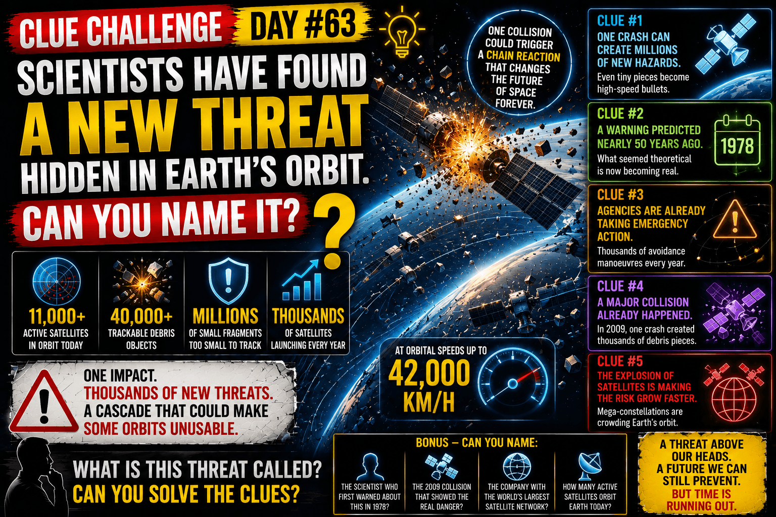 Clue Challenge Day #63: Scientists Have Found a New Threat Hidden in Earth’s Orbit. Can You Name It?