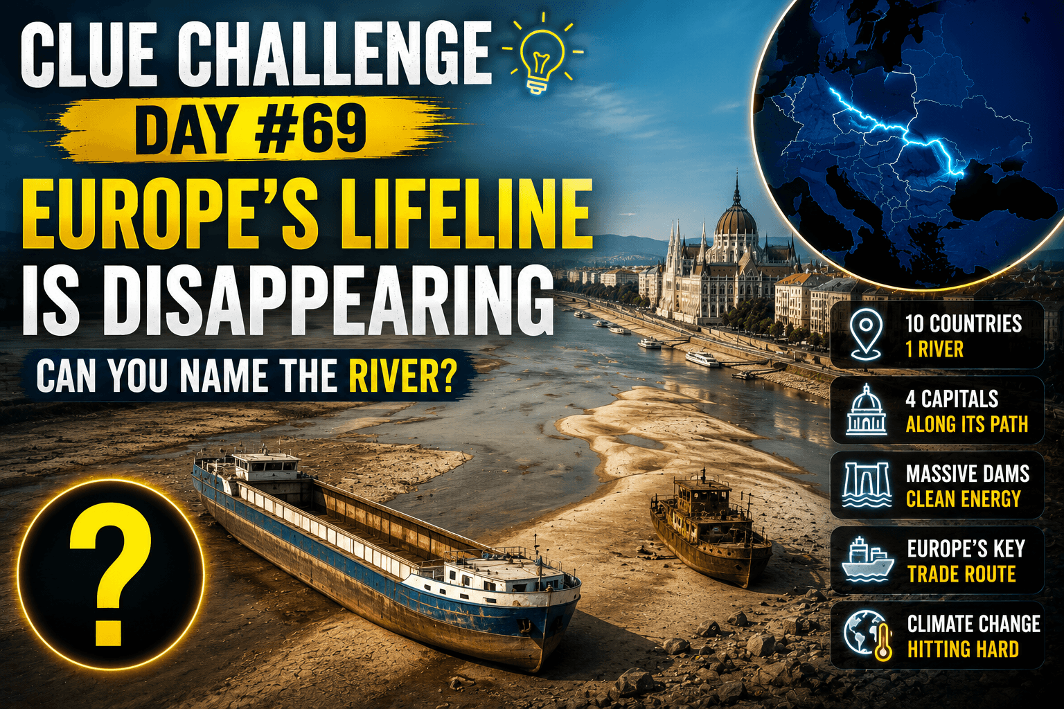 Clue Challenge Day #69: Europe's Lifeline Is Disappearing This Summer. Can You Name the River?